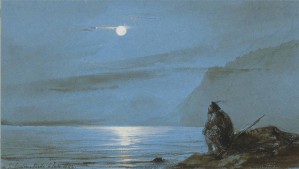 Soldat ecossais meditant au bord de l'eau au clair de lune